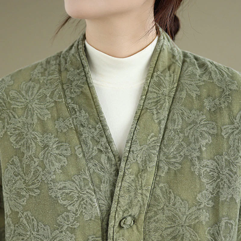 Giacca termica invernale da donna in cotone con maniche lunghe, scollo a V, bottoni a rana, jacquard Buddha Stones, con tasche - Image 7