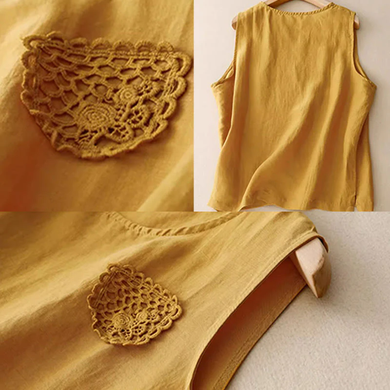Gilet da donna in cotone e lino, senza maniche, con scollo rotondo, motivo patchwork con ricami a colori puri, motivo Buddha Stones - Image 7