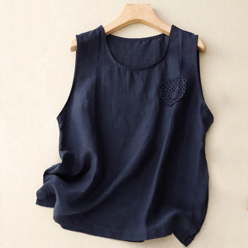 Gilet da donna in cotone e lino, senza maniche, con scollo rotondo, motivo patchwork con ricami a colori puri, motivo Buddha Stones - Image 8