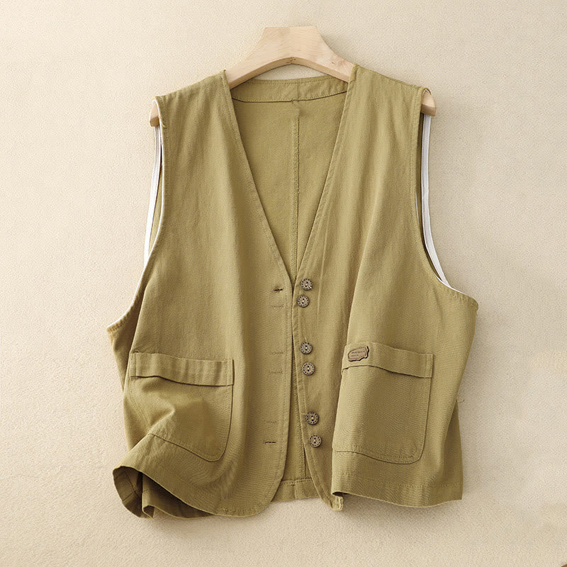 Gilet da donna in cotone senza maniche con tasche e bottoni frontali in tinta unita Buddha Stones