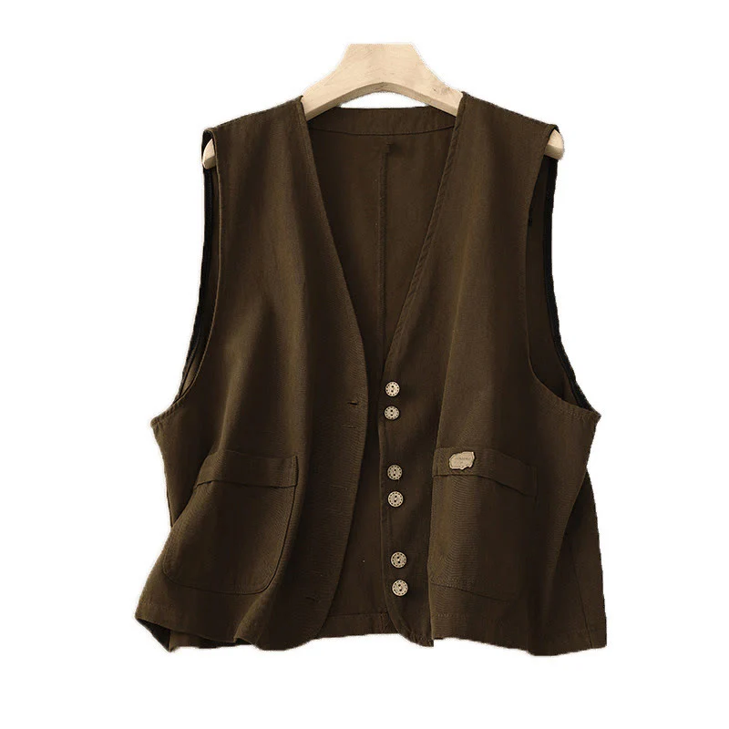 Gilet da donna in cotone senza maniche con tasche e bottoni frontali in tinta unita Buddha Stones - Image 13