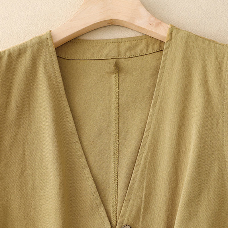 Gilet da donna in cotone senza maniche con tasche e bottoni frontali in tinta unita Buddha Stones - Image 2