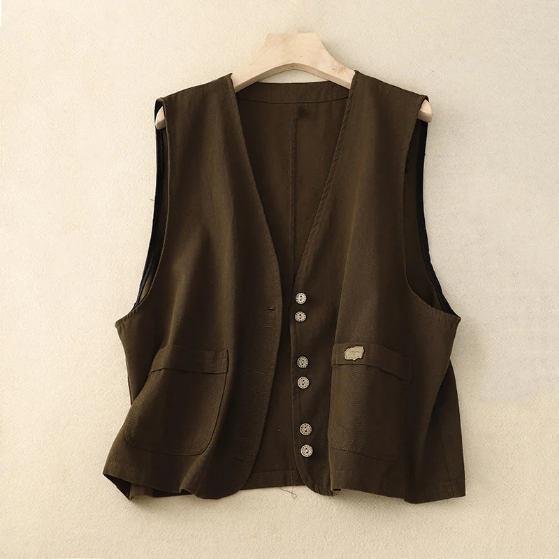 Gilet da donna in cotone senza maniche con tasche e bottoni frontali in tinta unita Buddha Stones - Image 9