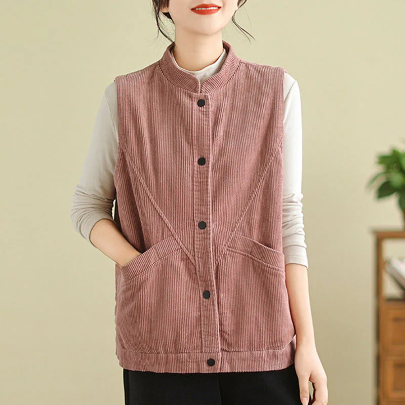 Gilet in velluto a coste di cotone Buddha Stones, senza maniche, da donna, con tasche - Image 11