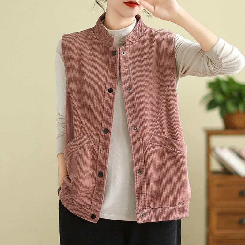 Gilet in velluto a coste di cotone Buddha Stones, senza maniche, da donna, con tasche - Image 14