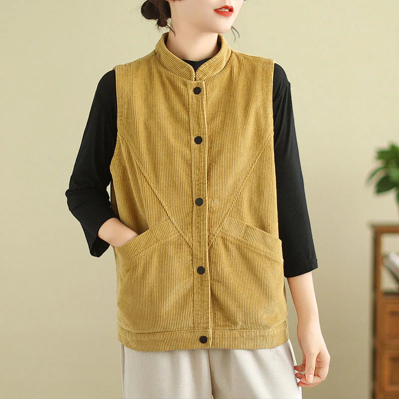 Gilet in velluto a coste di cotone Buddha Stones, senza maniche, da donna, con tasche - Image 15