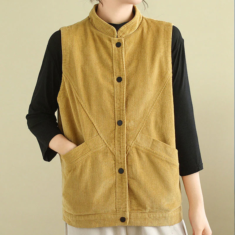 Gilet in velluto a coste di cotone Buddha Stones, senza maniche, da donna, con tasche - Image 16