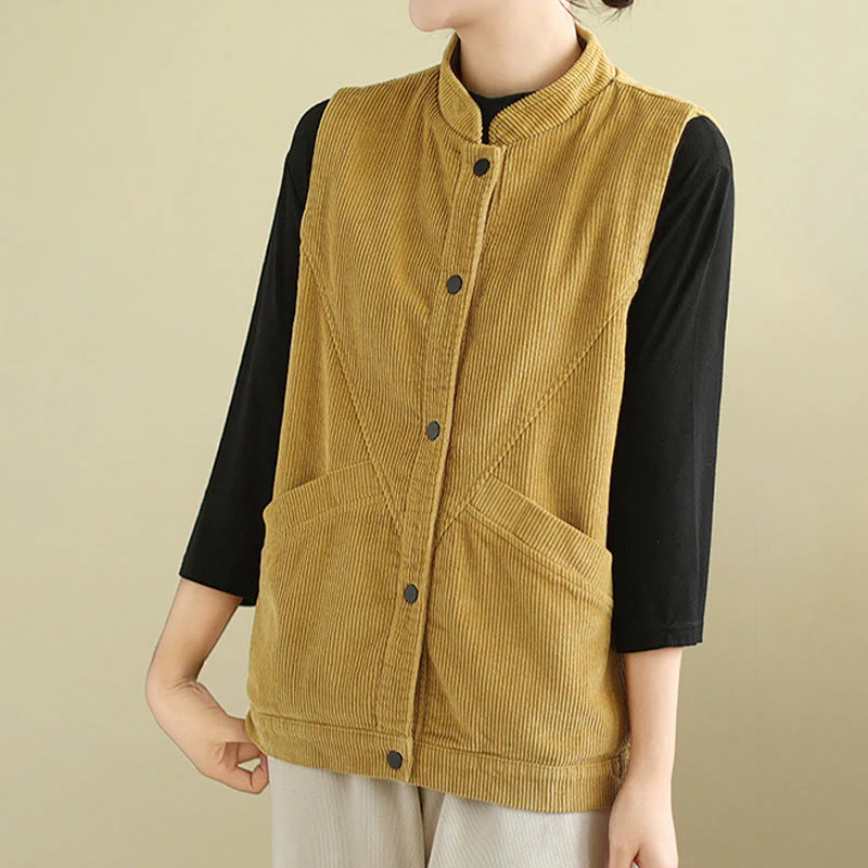 Gilet in velluto a coste di cotone Buddha Stones, senza maniche, da donna, con tasche - Image 18