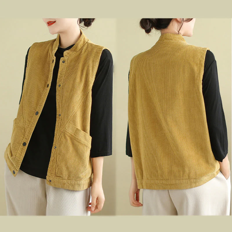 Gilet in velluto a coste di cotone Buddha Stones, senza maniche, da donna, con tasche - Image 19