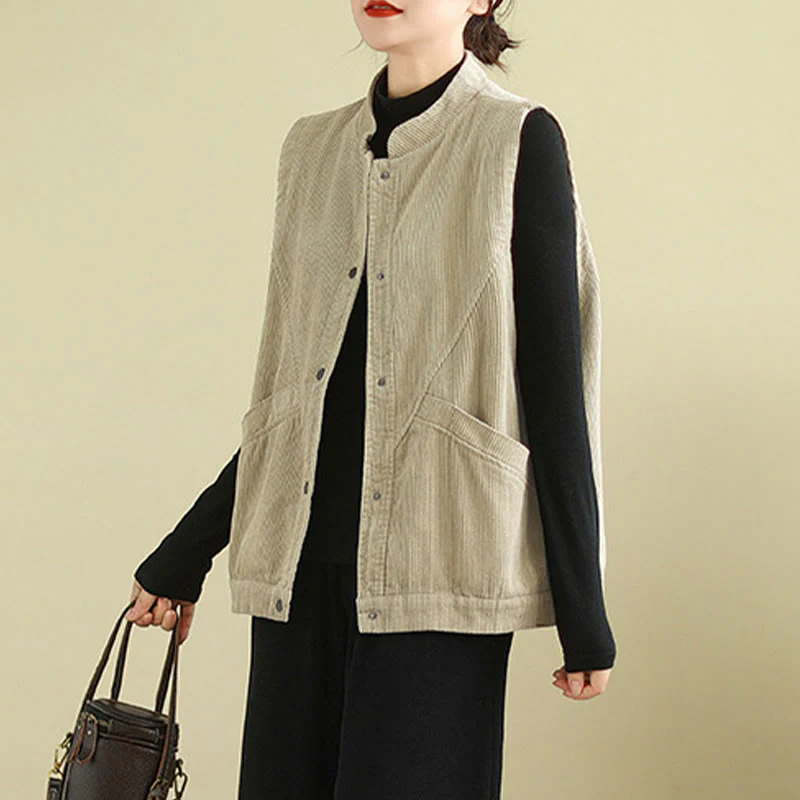 Gilet in velluto a coste di cotone Buddha Stones, senza maniche, da donna, con tasche - Image 2
