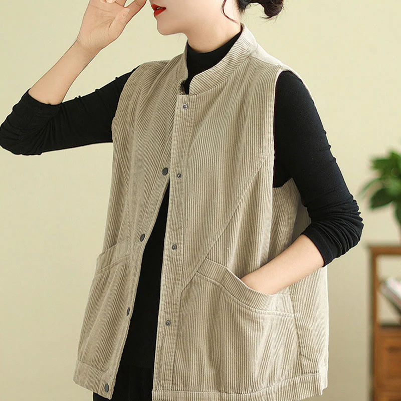Gilet in velluto a coste di cotone Buddha Stones, senza maniche, da donna, con tasche - Image 3