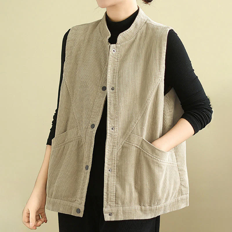 Gilet in velluto a coste di cotone Buddha Stones, senza maniche, da donna, con tasche - Image 5