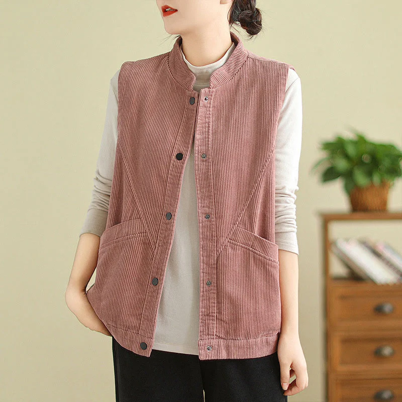 Gilet in velluto a coste di cotone Buddha Stones, senza maniche, da donna, con tasche - Image 9