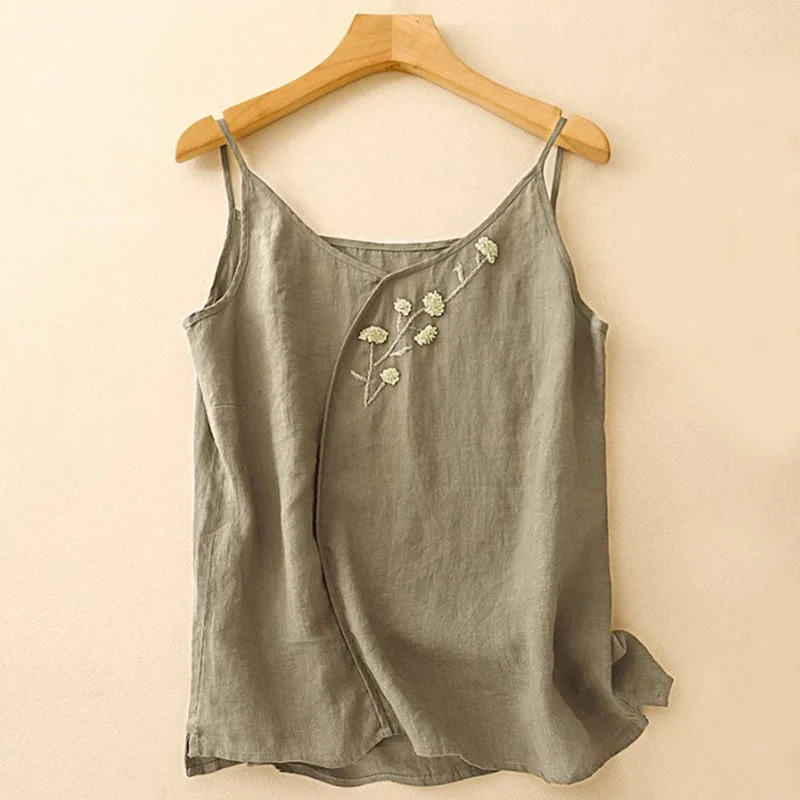Gilet senza maniche in lino e cotone da donna con ricamo etnico e Buddha Stones, design asimmetrico