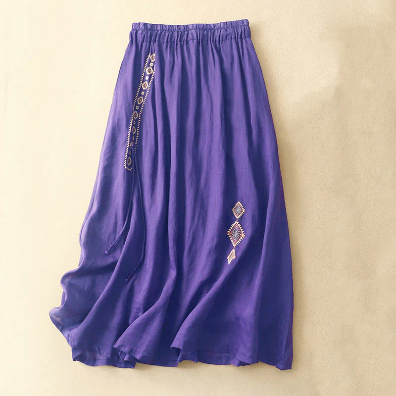 Gonna da donna in cotone e lino, lunghezza 7-8, con bottoni ricamati in stile etnico vintage Buddha Stones