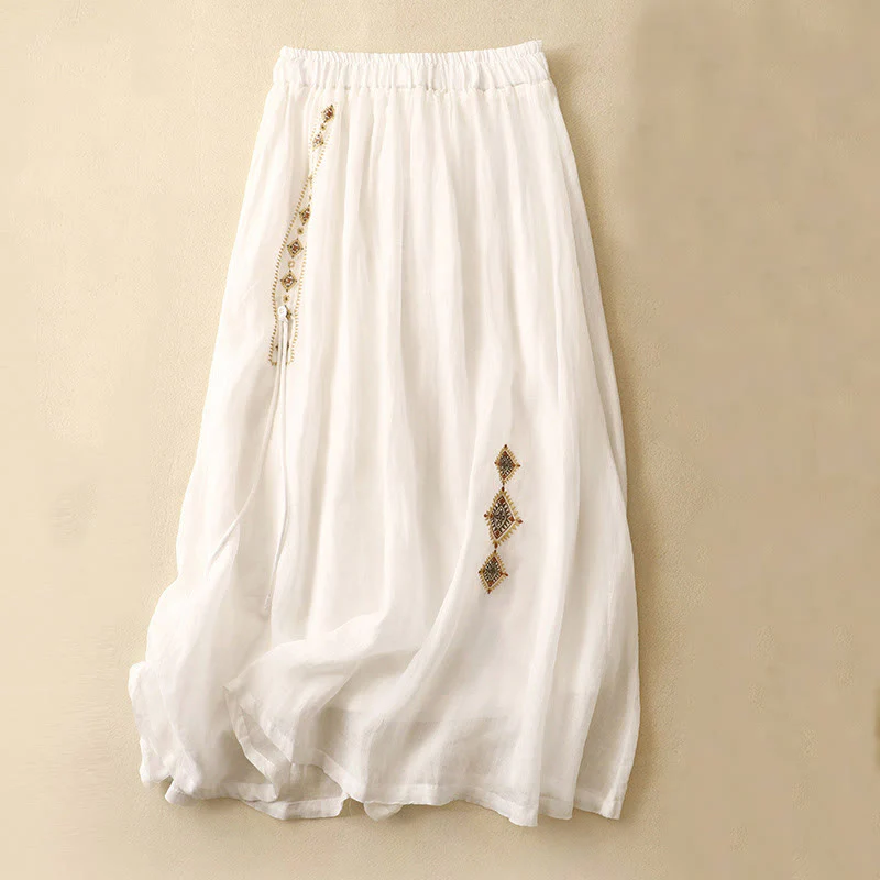 Gonna da donna in cotone e lino, lunghezza 7-8, con bottoni ricamati in stile etnico vintage Buddha Stones - Image 6