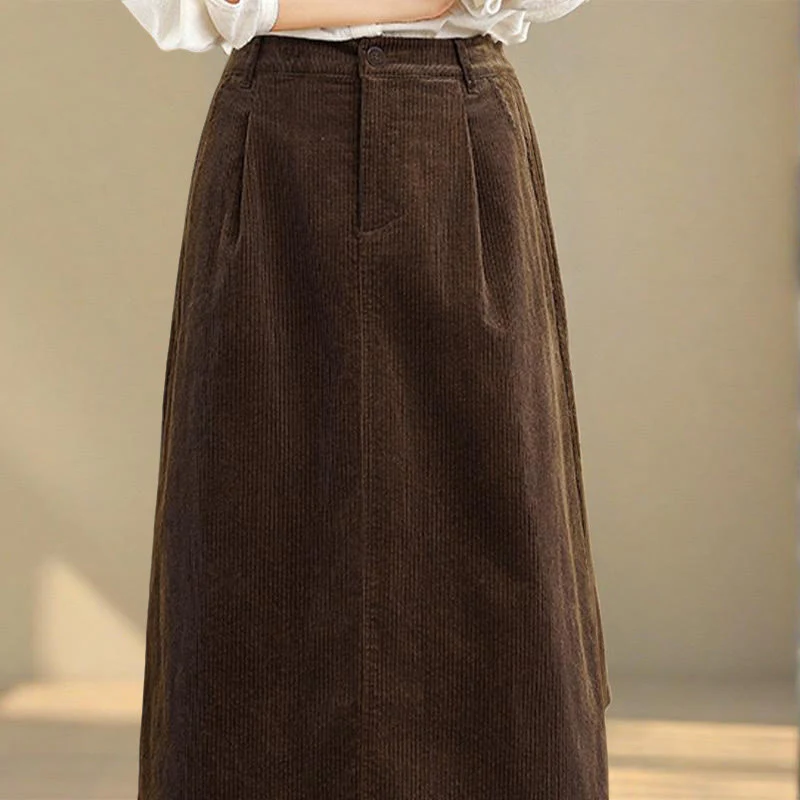 Gonna in velluto a coste da donna con tasche, lunghezza 7-8, colore puro, con elastico in vita Buddha Stones - Image 6