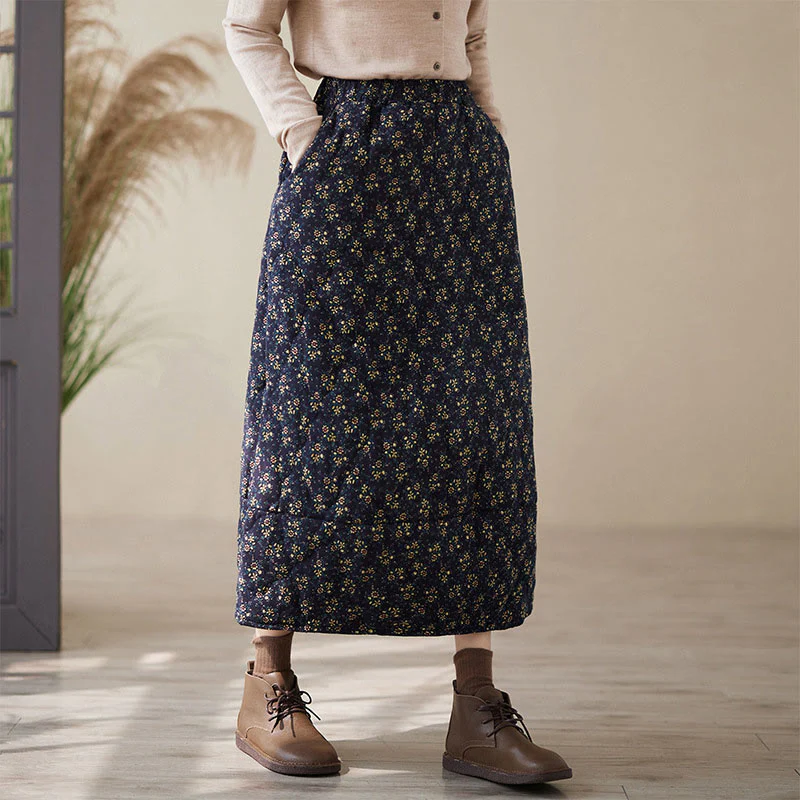 Gonna midi da donna in cotone con elastico in vita, motivo floreale vintage Buddha Stones e tasche - Image 2