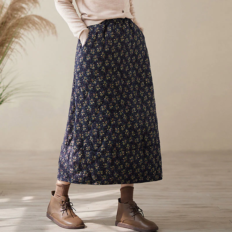 Gonna midi da donna in cotone con elastico in vita, motivo floreale vintage Buddha Stones e tasche - Image 3