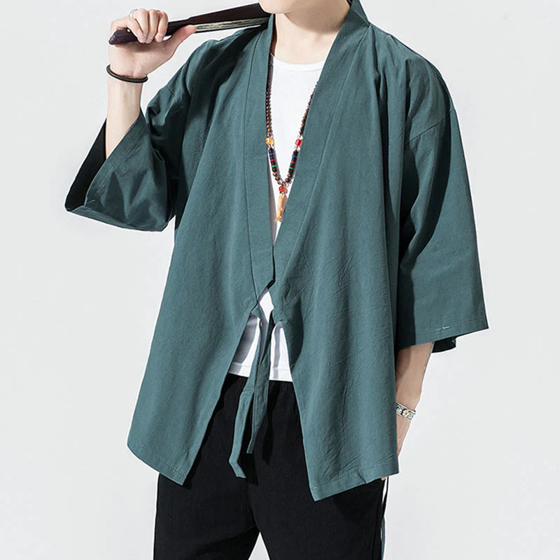 Giacca aperta sul davanti in cotone e lino da uomo, kimono con maniche a tre quarti, stile Buddha Stones Tang Suit - Image 3