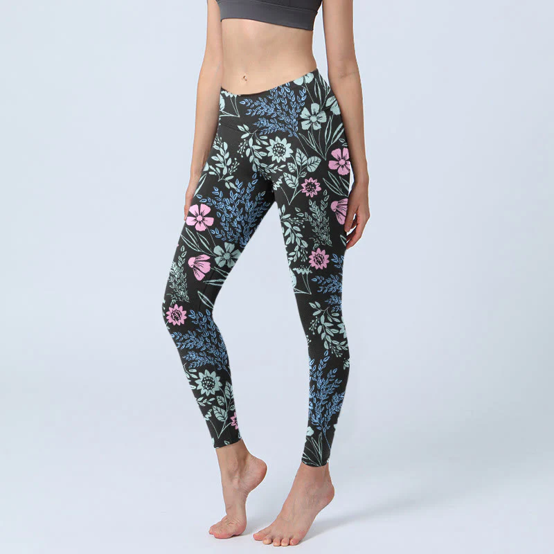 Leggings da palestra con stampa a contrasto di colori vivaci e motivo floreale e foglie, pantaloni da yoga da donna, Buddha Stones