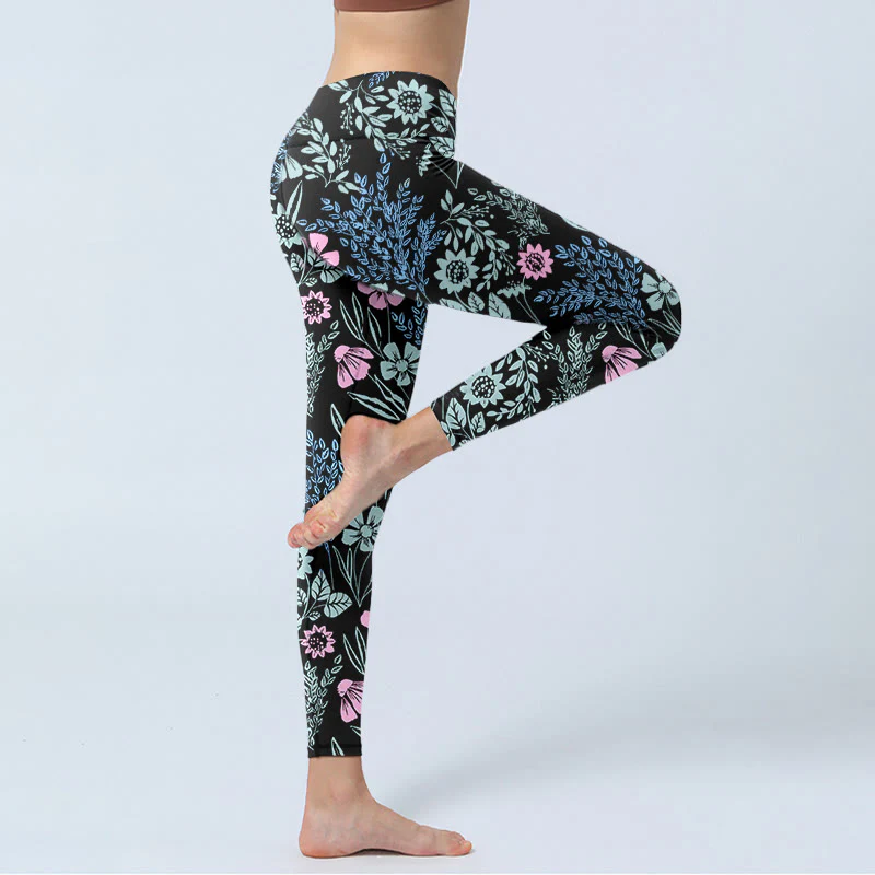 Leggings da palestra con stampa a contrasto di colori vivaci e motivo floreale e foglie, pantaloni da yoga da donna, Buddha Stones - Image 4