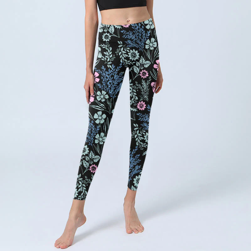 Leggings da palestra con stampa a contrasto di colori vivaci e motivo floreale e foglie, pantaloni da yoga da donna, Buddha Stones - Image 6