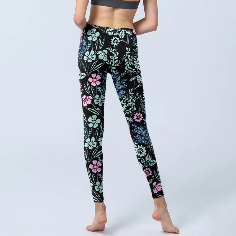 Leggings da palestra con stampa a contrasto di colori vivaci e motivo floreale e foglie, pantaloni da yoga da donna, Buddha Stones - Image 7