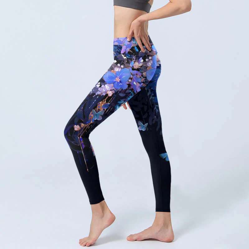 Leggings da palestra con stampa a farfalla e fiori viola Buddha Stones, pantaloni da yoga da donna - Image 3
