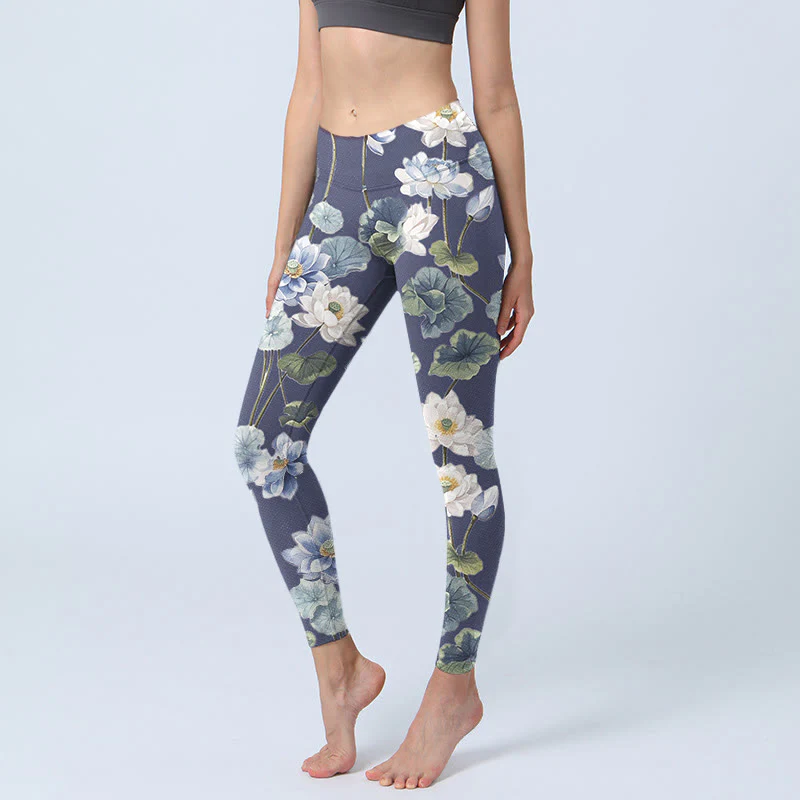 Leggings da palestra con stampa a olio di fiori di loto blu e bianchi Buddha Stones, pantaloni da yoga da donna