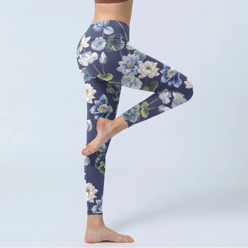 Leggings da palestra con stampa a olio di fiori di loto blu e bianchi Buddha Stones, pantaloni da yoga da donna - Image 4