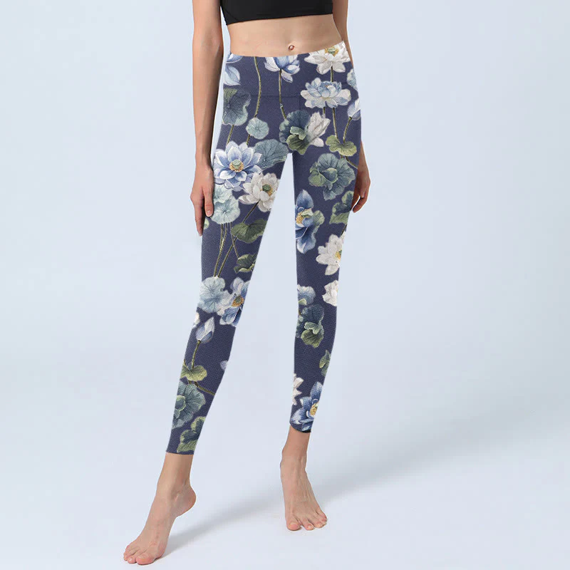 Leggings da palestra con stampa a olio di fiori di loto blu e bianchi Buddha Stones, pantaloni da yoga da donna - Image 6