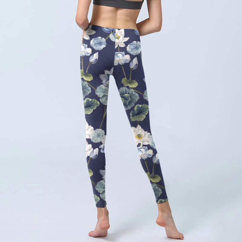 Leggings da palestra con stampa a olio di fiori di loto blu e bianchi Buddha Stones, pantaloni da yoga da donna - Image 7