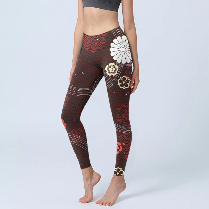 Leggings da palestra con stampa a onde a ventaglio floreale marrone-rossastro Buddha Stones, pantaloni da yoga da donna