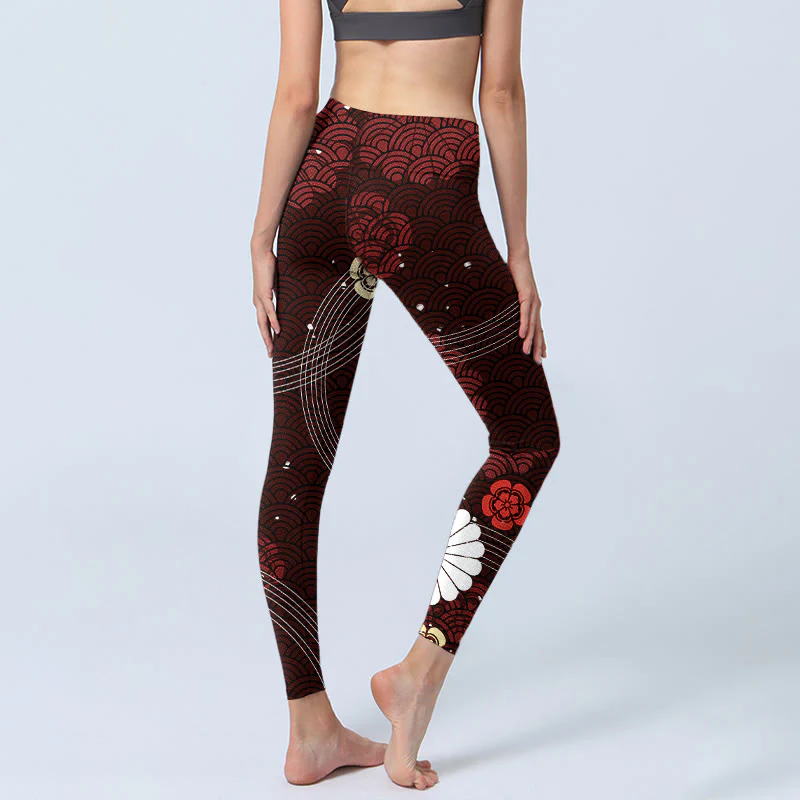 Leggings da palestra con stampa a onde a ventaglio floreale marrone-rossastro Buddha Stones, pantaloni da yoga da donna - Image 5