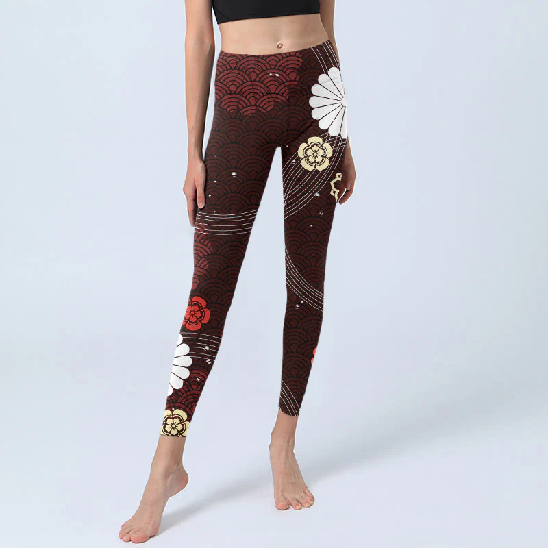 Leggings da palestra con stampa a onde a ventaglio floreale marrone-rossastro Buddha Stones, pantaloni da yoga da donna - Image 6