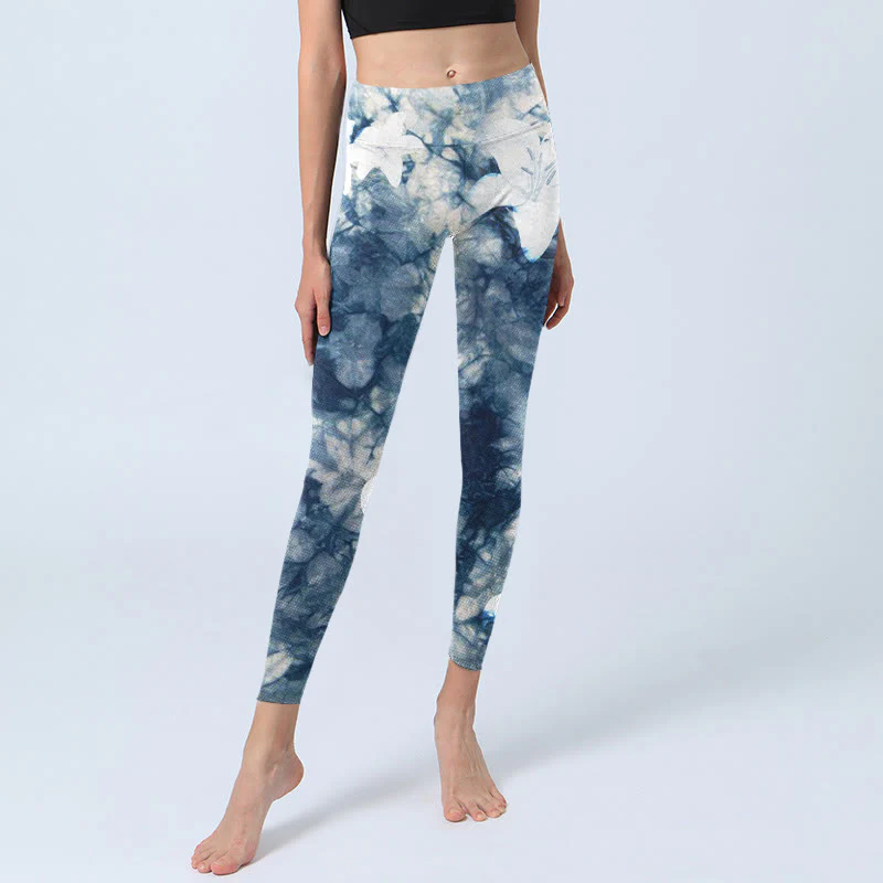 Leggings da palestra con stampa acquerello, motivo Buddha Stones Blue Lily Flowers, pantaloni da yoga da donna - Image 6