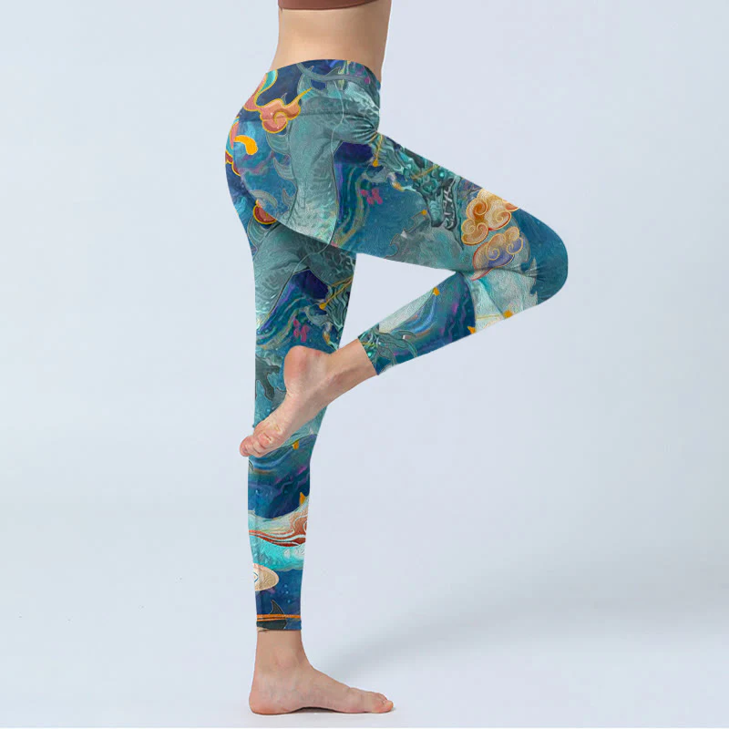 Leggings da palestra con stampa Buddha Stones Blue Dragon e nuvole di buon auspicio, pantaloni da yoga da donna - Image 4