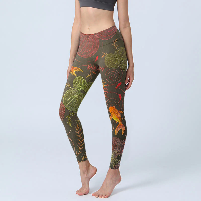 Leggings da palestra con stampa Buddha Stones , colorati pesci koi, increspature dell'acqua, motivo vegetale, pantaloni da yoga da donna