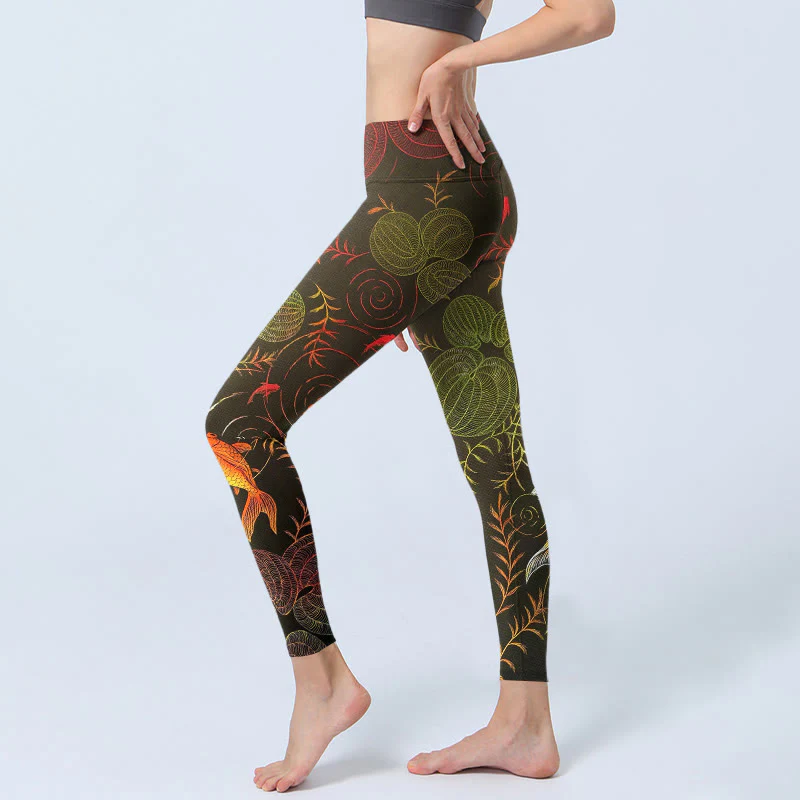 Leggings da palestra con stampa Buddha Stones , colorati pesci koi, increspature dell'acqua, motivo vegetale, pantaloni da yoga da donna - Image 3