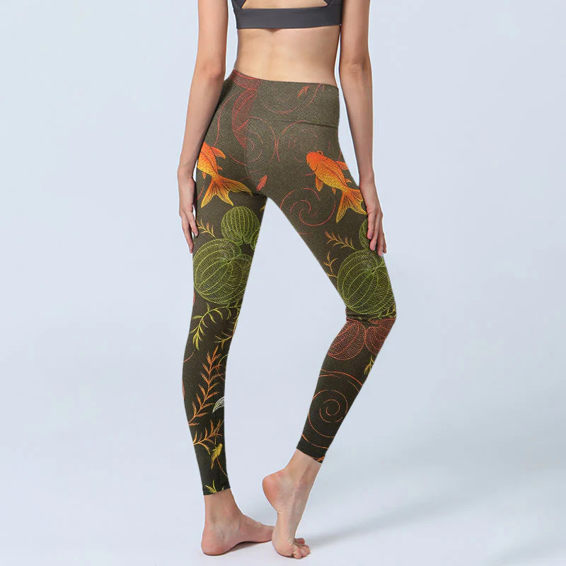 Leggings da palestra con stampa Buddha Stones , colorati pesci koi, increspature dell'acqua, motivo vegetale, pantaloni da yoga da donna - Image 4