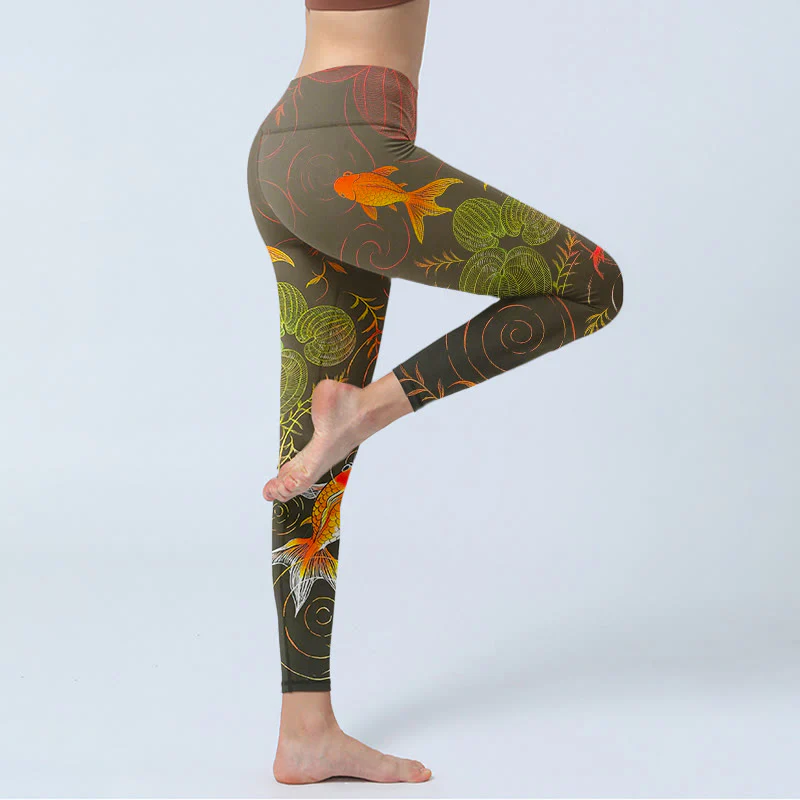 Leggings da palestra con stampa Buddha Stones , colorati pesci koi, increspature dell'acqua, motivo vegetale, pantaloni da yoga da donna - Image 5