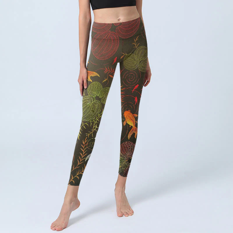 Leggings da palestra con stampa Buddha Stones , colorati pesci koi, increspature dell'acqua, motivo vegetale, pantaloni da yoga da donna - Image 6
