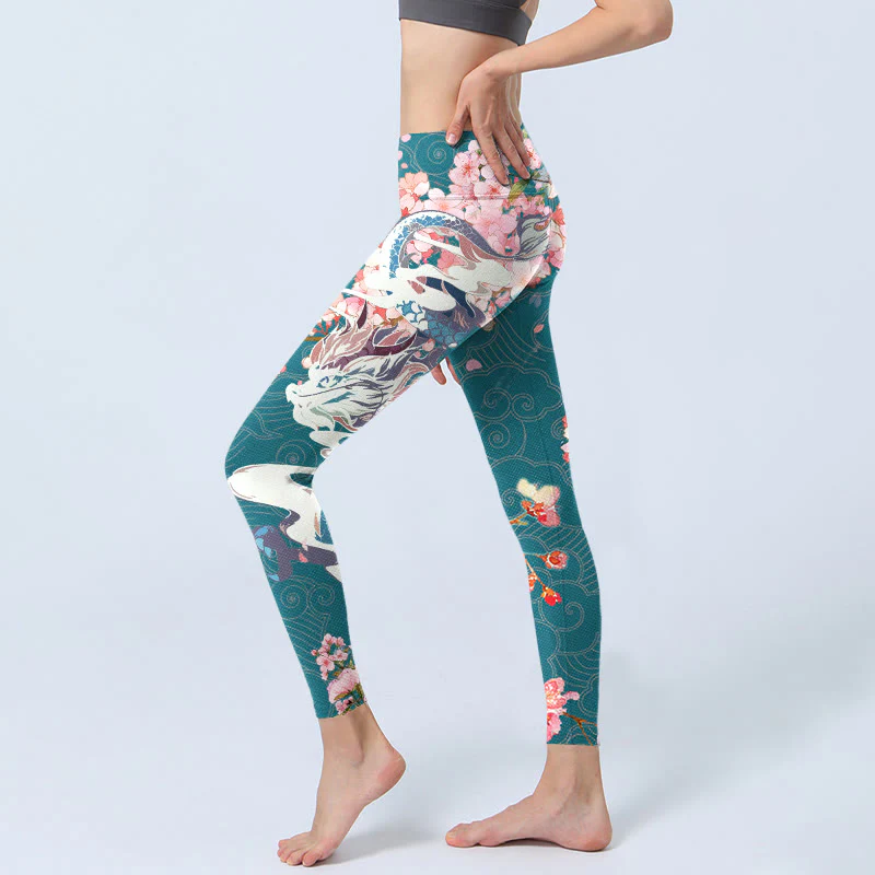 Leggings da palestra con stampa Buddha Stones Dragon Cherry Blossoms, pantaloni da yoga da donna - Image 3