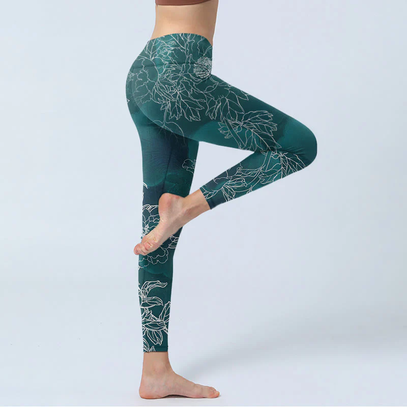 Leggings da palestra con stampa Buddha Stones, fiori di peonia e farfalle, pantaloni da yoga da donna - Image 4