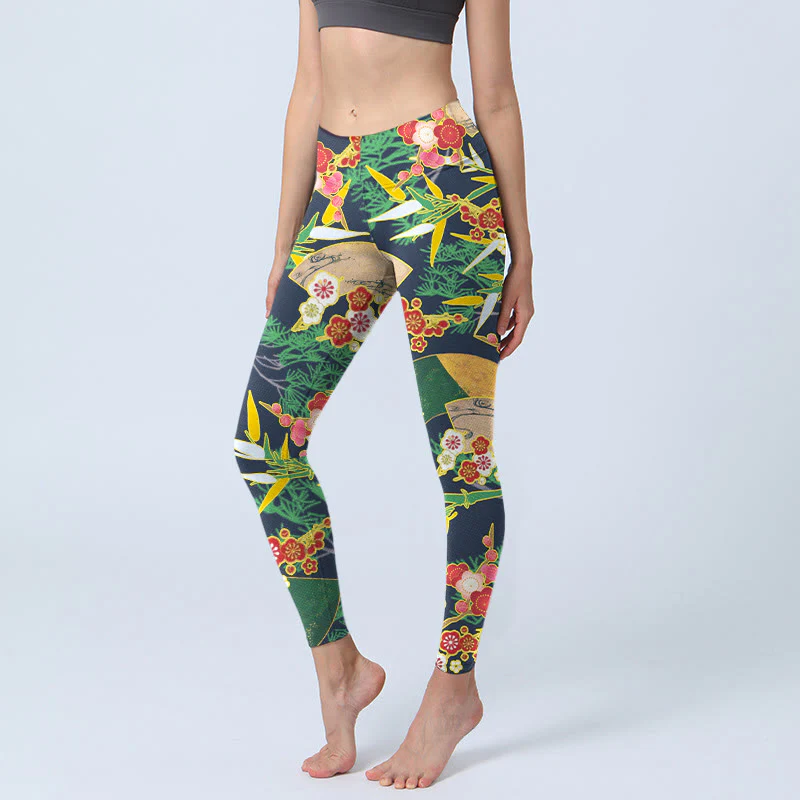 Leggings da palestra con stampa Buddha Stones, fiori rossi, bambù giallo-verde, pini, pantaloni da yoga da donna