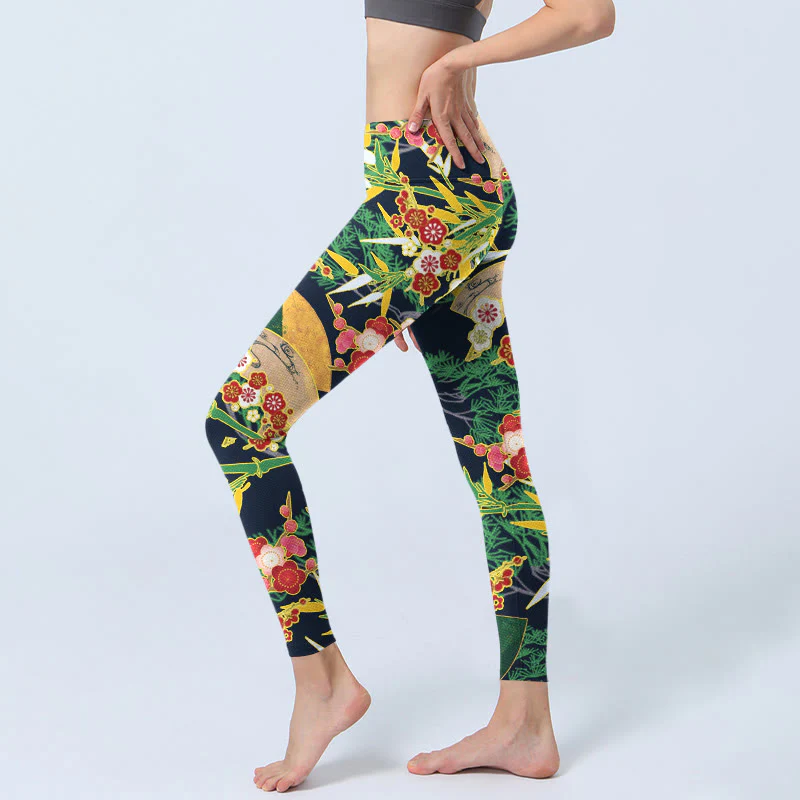 Leggings da palestra con stampa Buddha Stones, fiori rossi, bambù giallo-verde, pini, pantaloni da yoga da donna - Image 3