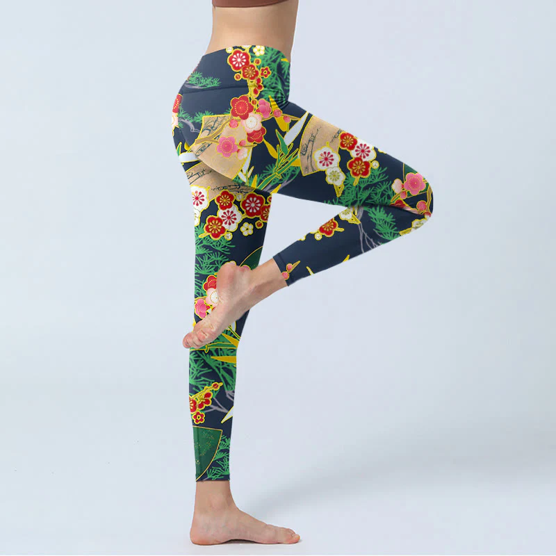 Leggings da palestra con stampa Buddha Stones, fiori rossi, bambù giallo-verde, pini, pantaloni da yoga da donna - Image 4