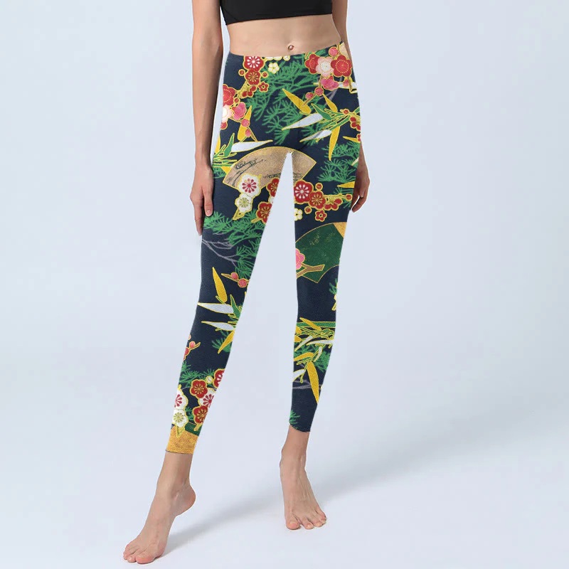 Leggings da palestra con stampa Buddha Stones, fiori rossi, bambù giallo-verde, pini, pantaloni da yoga da donna - Image 6