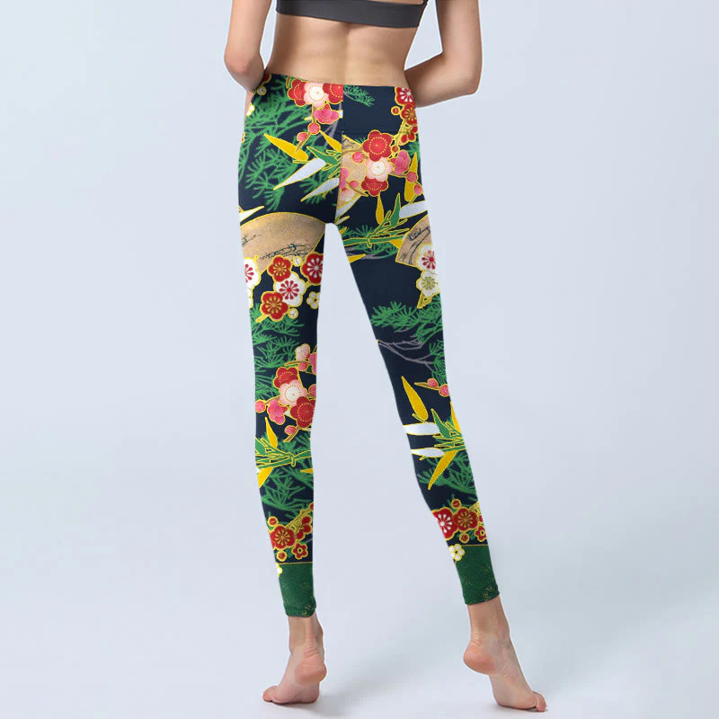 Leggings da palestra con stampa Buddha Stones, fiori rossi, bambù giallo-verde, pini, pantaloni da yoga da donna - Image 7